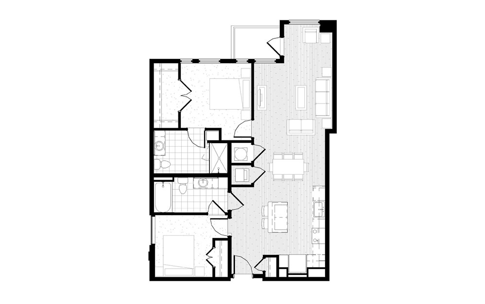 B7 - 2 bedroom floorplan layout with 2 baths and 1077 square feet.
